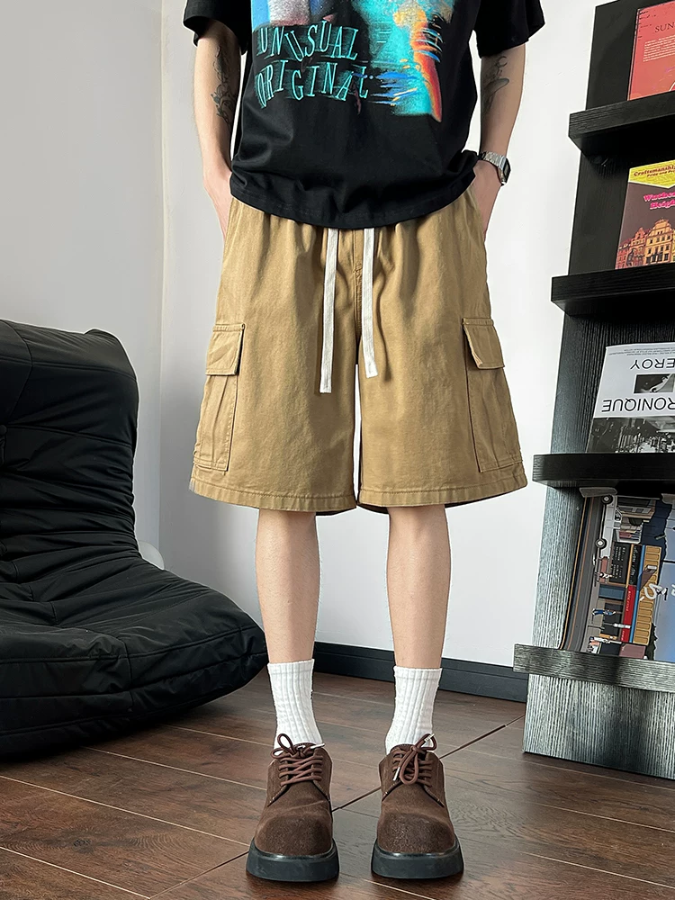 Quần short nam nhiều túi đã qua giặt, quần lửng đa năng mùa hè, quần short ống rộng dáng lửng phong cách Nhật Bản thời thượng.