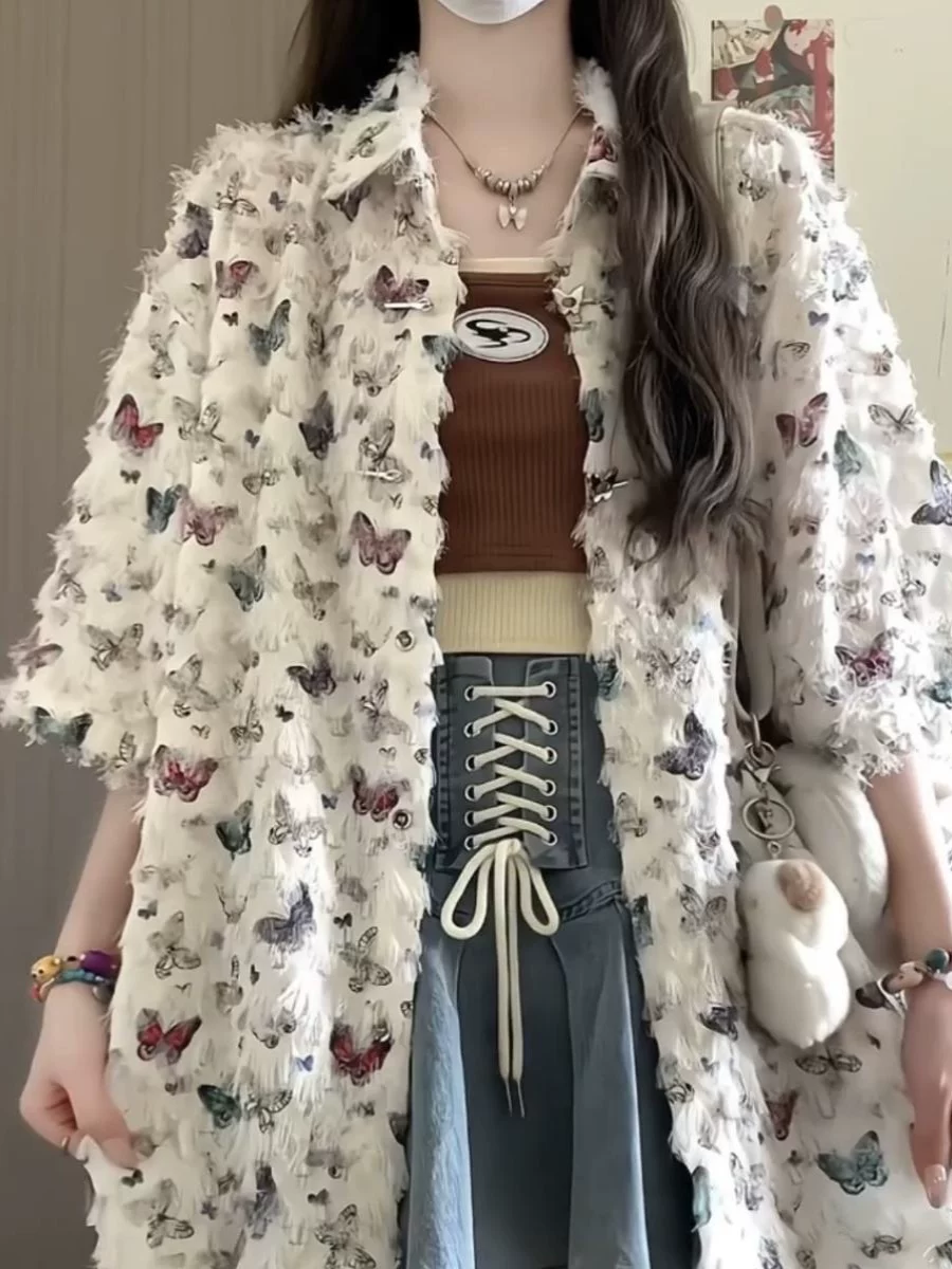 Áo sơ mi ngắn tay theo phong cách thiết kế dành cho nam và nữ, áo sơ mi in hình bướm tua rua dáng rộng mùa hè, áo khoác thời trang thương hiệu sành điệu.