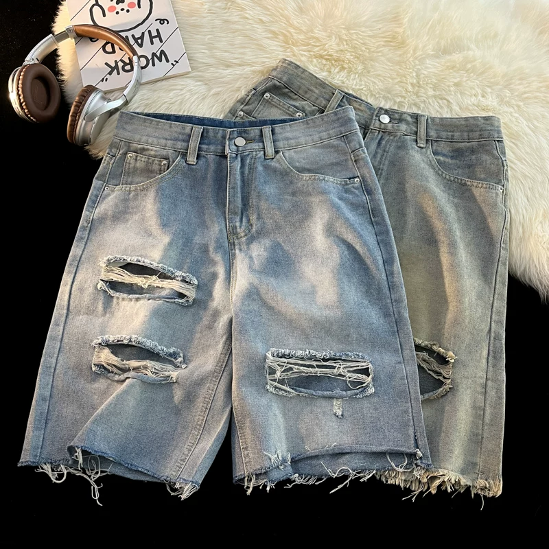 Quần short denim rách cho nam, phong cách Mỹ thời thượng, quần đã qua xử lý giặt mềm, dáng rộng mùa hè, quần short năm phần cá tính và sành điệu.