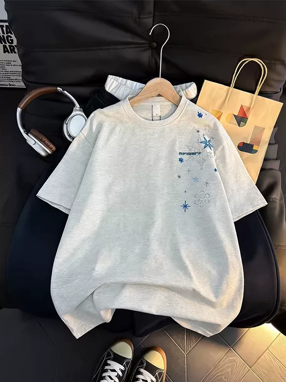 Áo thun ngắn tay thêu họa tiết retro Mỹ dành cho nam và nữ, áo sơ mi cổ tròn dáng rộng mùa hè, áo kiểu cặp đôi thời trang, phong cách giản dị.