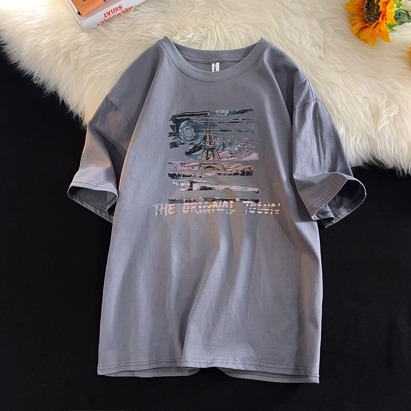 Áo thun in hình thương hiệu thời thượng dành cho nam, áo thun ngắn tay mùa hè dành cho cặp đôi, áo thun nửa tay dáng rộng phong cách Hồng Kông, áo cổ tròn đa năng thông thường