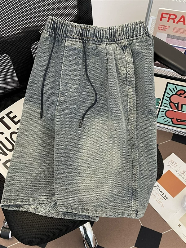 Quần short denim họa tiết bầu trời đầy sao dành cho nam, quần short mùa hè phong cách Mỹ thời thượng, quần short ống rộng lưng thun co giãn năm phần.