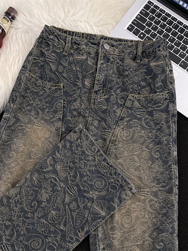 Quần jeans jacquard kiểu Mỹ dành cho nam, quần ống rộng dáng suông retro thời thượng, phong cách đường phố, quần dài ống rộng in họa tiết toàn bộ.