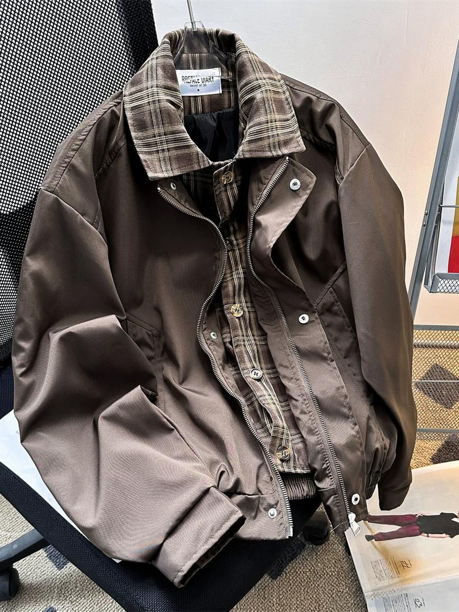 Áo khoác retro Mỹ dành cho nam, áo khoác bóng chày giả hai mảnh phong cách cổ điển hợp thời trang, thiết kế xuân thu, dáng rộng.