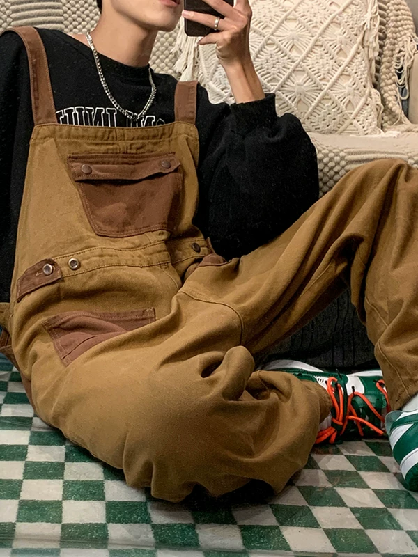 Quần yếm denim phong cách retro Nhật Bản dành cho nam, quần công sở ống rộng mùa hè, thiết kế thương hiệu thời thượng, quần dài dáng rộng thoải mái.