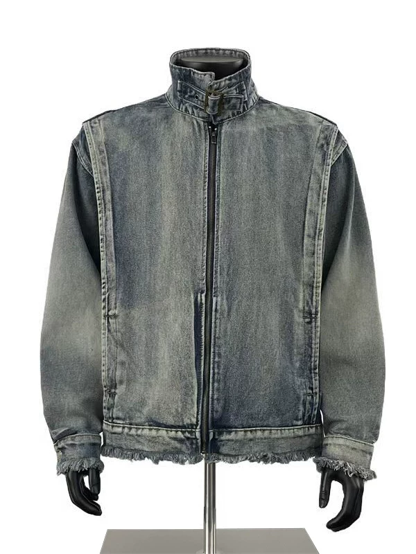 Áo khoác denim rách cá tính dành cho nam, áo khoác phong cách đường phố Mỹ, áo khoác thương hiệu thời thượng dáng rộng cổ đứng dành cho mùa xuân và mùa thu.