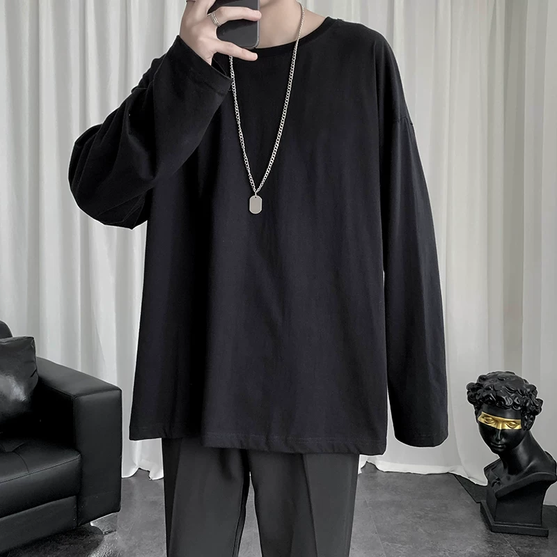 Áo thun dài tay phong cách xuân thu dành cho nam, áo thun trơn cổ tròn, áo kiểu học sinh Hàn Quốc dáng rộng hợp thời trang.