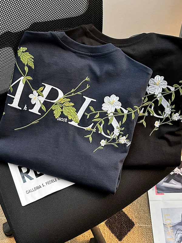 Áo thun nam tay ngắn họa tiết hoa, kiểu Mỹ thời trang, dáng rộng, cặp đôi, mùa hè 2025, áo thun thêu mới