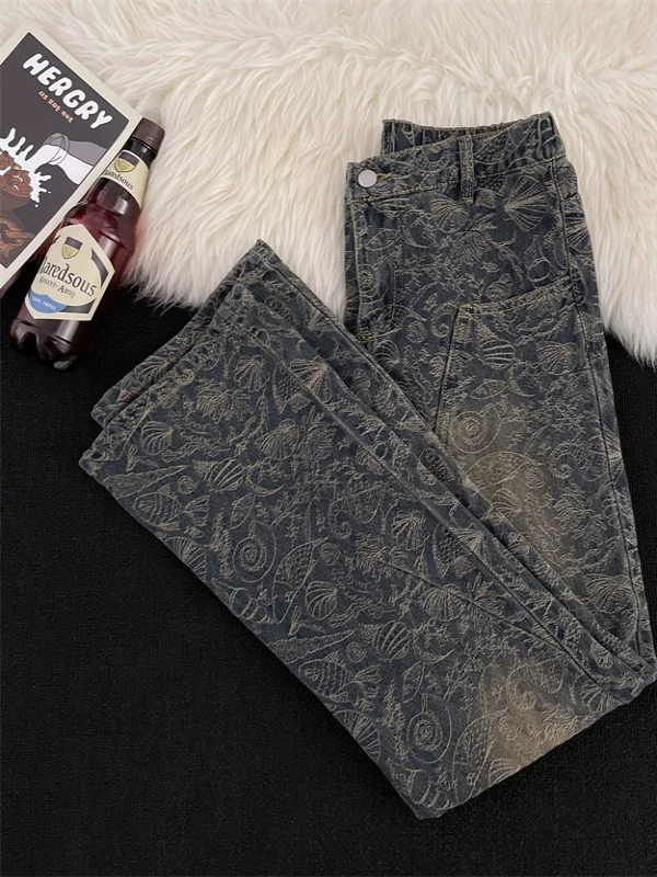 Quần jeans jacquard kiểu Mỹ dành cho nam, quần ống rộng dáng suông retro thời thượng, phong cách đường phố, quần dài ống rộng in họa tiết toàn bộ.