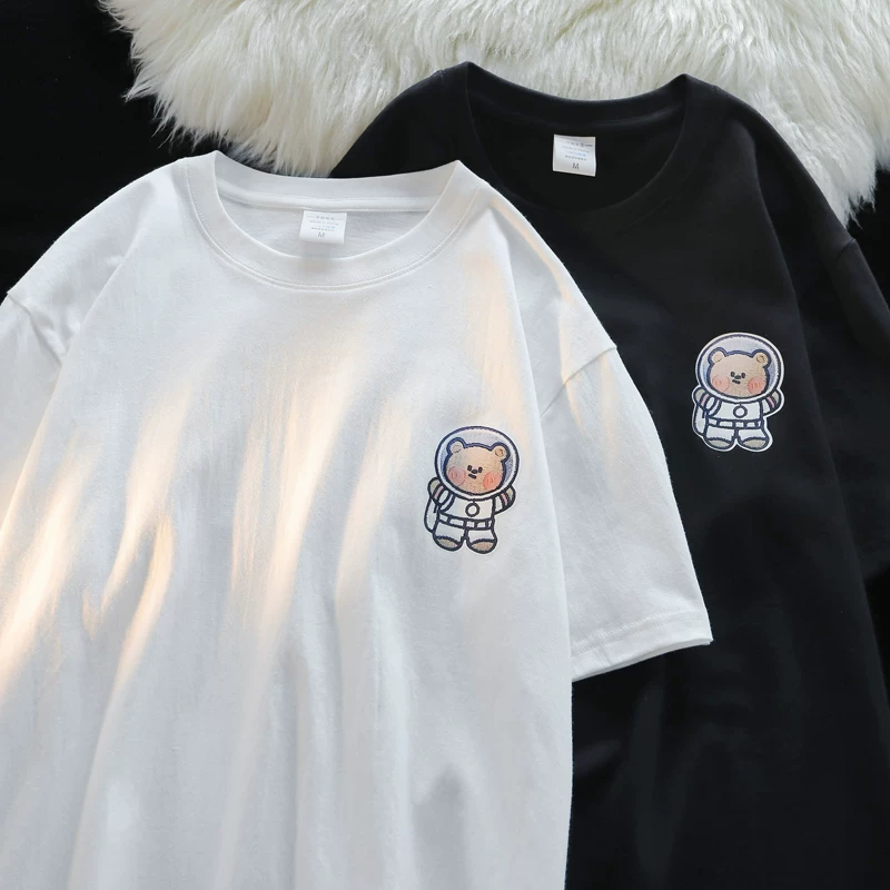 Áo thun ngắn tay cotton nguyên chất mùa hè dành cho nam, áo in họa tiết dáng rộng hợp thời trang phong cách Hồng Kông, áo thun nửa tay đa năng dành cho cặp đôi sinh viên