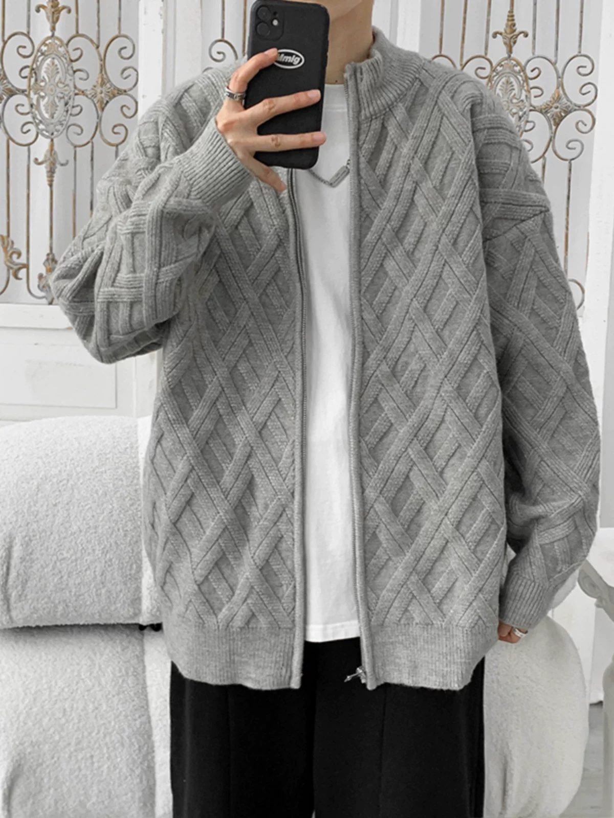 Áo len cardigan nam thu đông 2024 kiểu dáng thời trang cổ đứng, chất liệu dệt kim, dáng rộng, phong cách Nhật Bản, áo khoác len casual