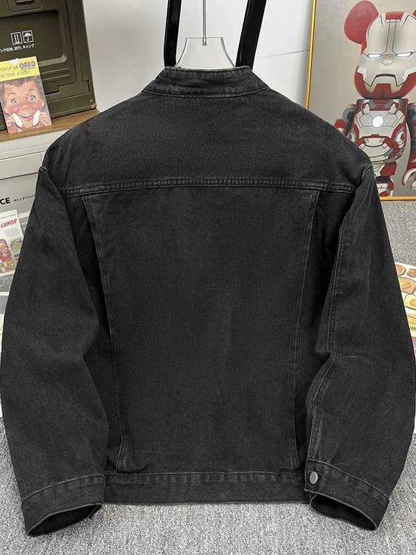 Áo khoác denim kiểu Mỹ dành cho nam, thương hiệu thời thượng, cổ đứng, vai đệm, áo khoác kiểu công sở, bền chắc, phong cách đường phố, có khóa kéo, áo ngắn.