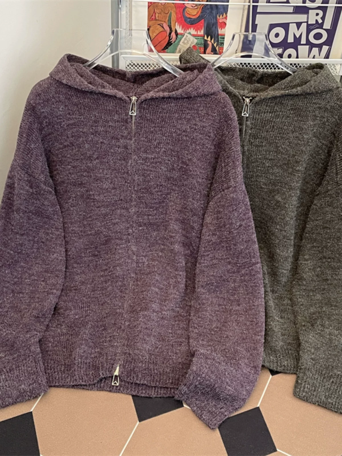 Áo len cardigan có khóa kéo đôi dành cho nam và nữ, áo len có mũ trùm đầu phong cách lười biếng, áo khoác len kiểu Mỹ rộng rãi hợp thời trang mùa thu đông.