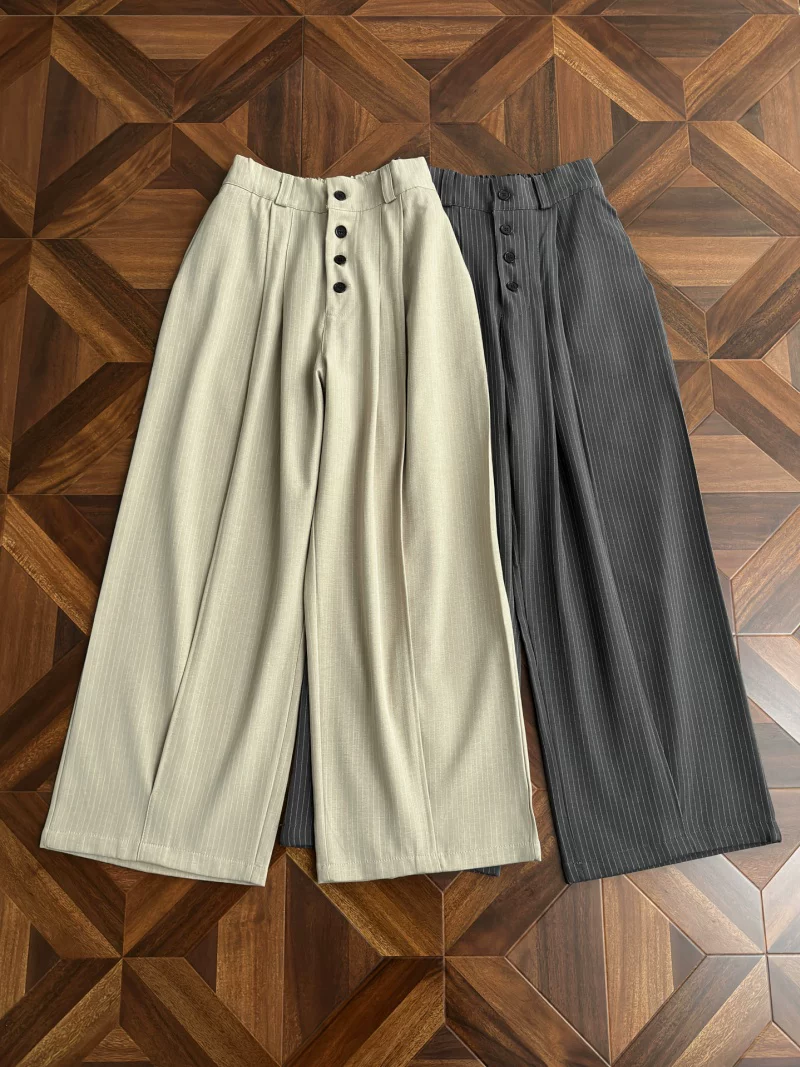 Quần tây ống rộng sọc kiểu Mỹ dành cho nam, dáng rộng mùa hè, lưng quần bán co giãn, quần thường ngày, thương hiệu thời thượng, thiết kế cài cúc, quần dài.