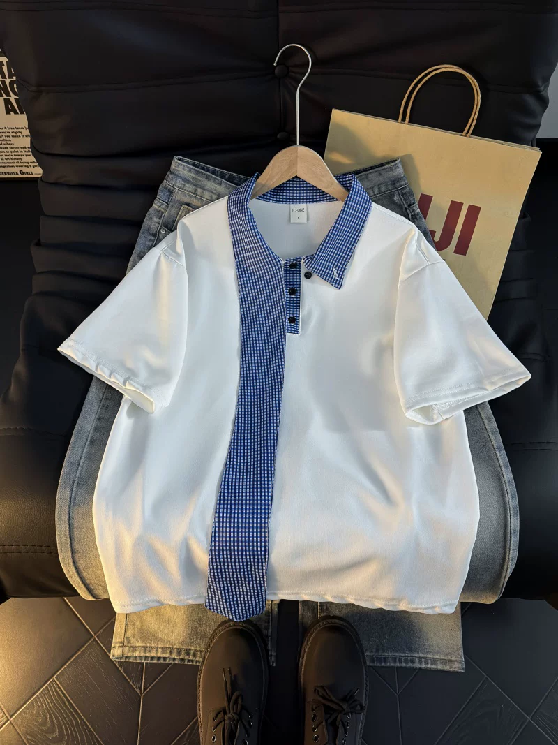 Áo Polo ngắn tay phối họa tiết kẻ caro dành cho nam và nữ, áo thun tay lửng dáng rộng thời trang mùa hè, áo kiểu Mỹ đa năng phong cách thường ngày