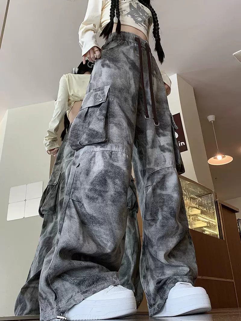 Quần cargo thường ngày nhuộm màu tie-dye dành cho nam và nữ, phong cách hip-hop đường phố Mỹ, quần dài ống rộng dáng suông hợp thời trang mùa xuân thu.