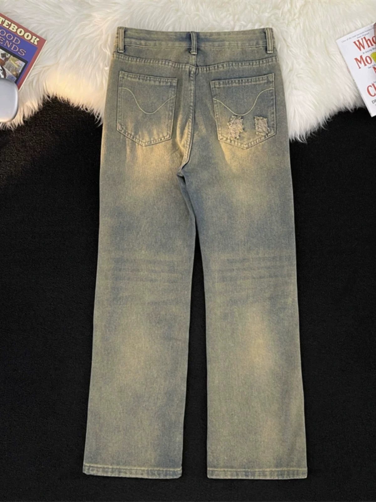 Quần jeans thiết kế phong cách INS mùa xuân dành cho nam, quần ống loe retro Mỹ, quần dài ống rộng vintage thời thượng.