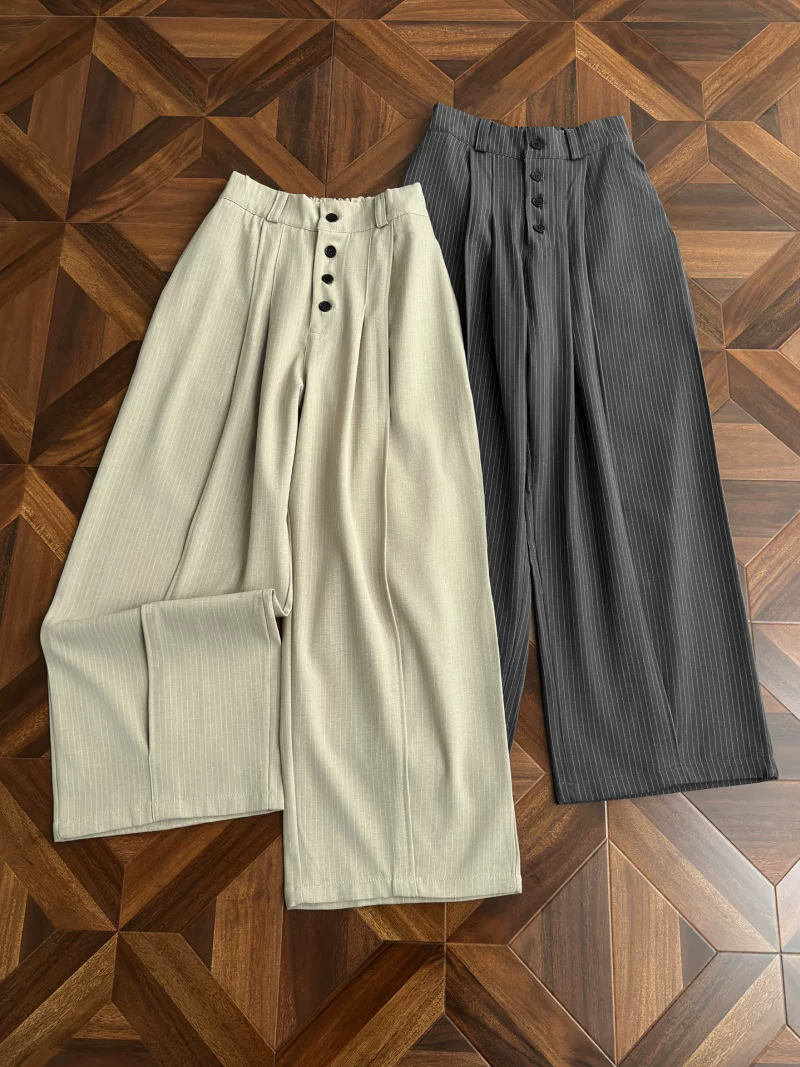 Quần tây ống rộng sọc kiểu Mỹ dành cho nam, dáng rộng mùa hè, lưng quần bán co giãn, quần thường ngày, thương hiệu thời thượng, thiết kế cài cúc, quần dài.