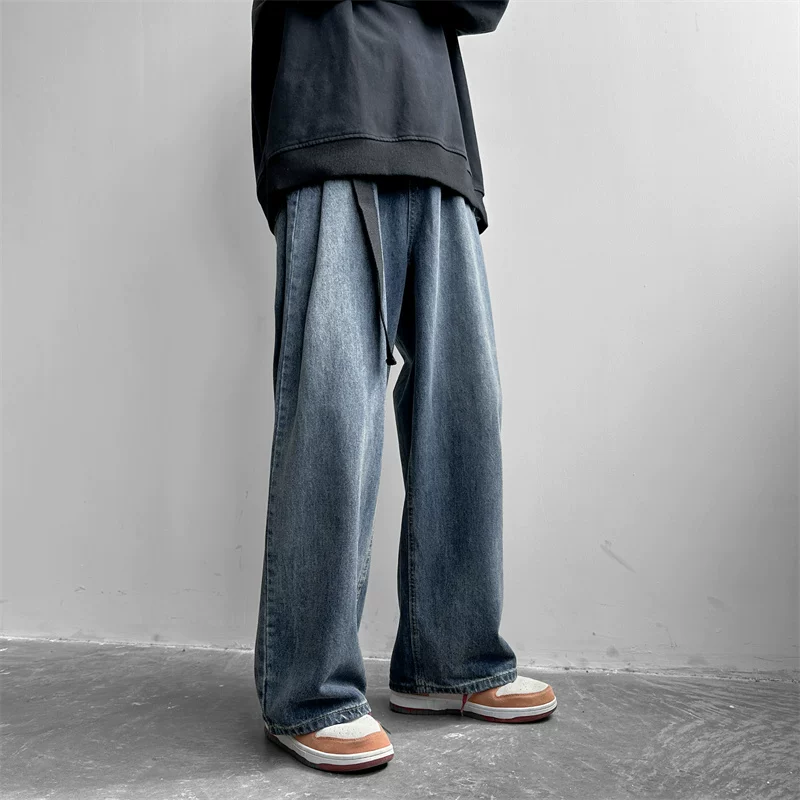 Quần jean dáng suông kiểu Nhật dành cho nam, quần dài chạm sàn ống thẳng mùa xuân thu, thương hiệu thời thượng, quần ống rộng dáng rộng đã qua xử lý giặt mềm.