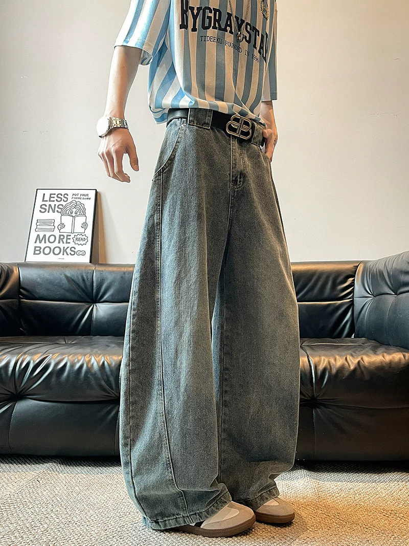 Quần jeans dáng rộng thùng thình kiểu scimitar dành cho nam, phong cách vintage Mỹ thời thượng mùa xuân thu, quần ống rộng dài chạm đất.
