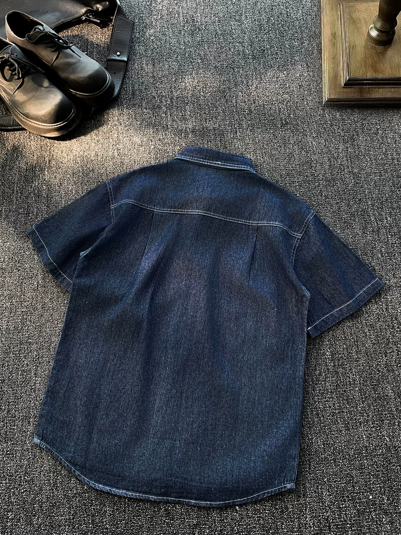 Áo sơ mi denim ngắn tay phong cách retro của Mỹ dành cho nam, áo công sở dáng rộng thoải mái mùa hè, áo khoác sơ mi thương hiệu thời thượng sành điệu