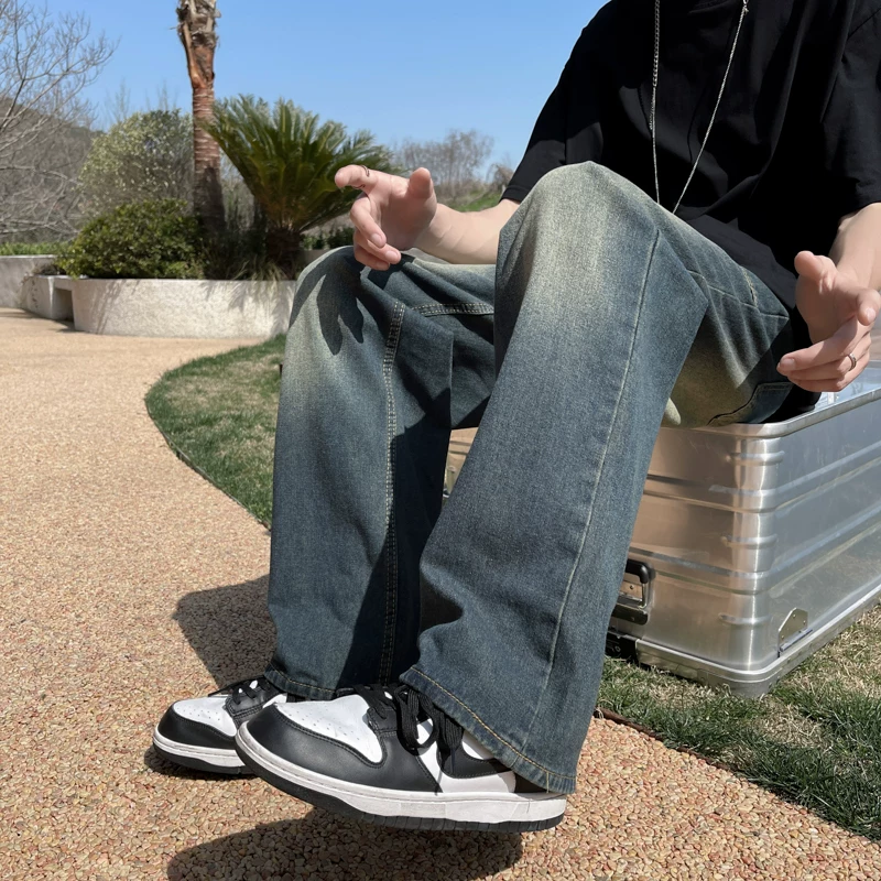 Quần jeans retro Mỹ dành cho nam, quần ống rộng dài chạm đất mùa hè, quần ống đứng thời thượng phong cách đường phố với chất liệu mềm mại.