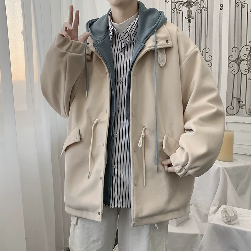 Áo khoác len giả hai mảnh phong cách Hồng Kông dành cho nam, áo khoác có mũ trùm đầu dáng rộng cho cặp đôi mùa thu đông, áo khoác len thời trang cá tính.