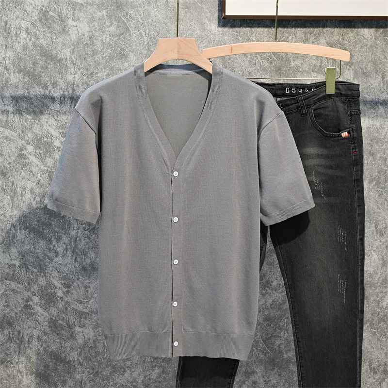 Áo cardigan dệt kim ngắn tay bằng vải lụa băng dành cho nam, áo cardigan đơn giản phong cách Nhật Bản, áo khoác nửa tay mỏng kiểu Hàn Quốc thời thượng mùa hè.