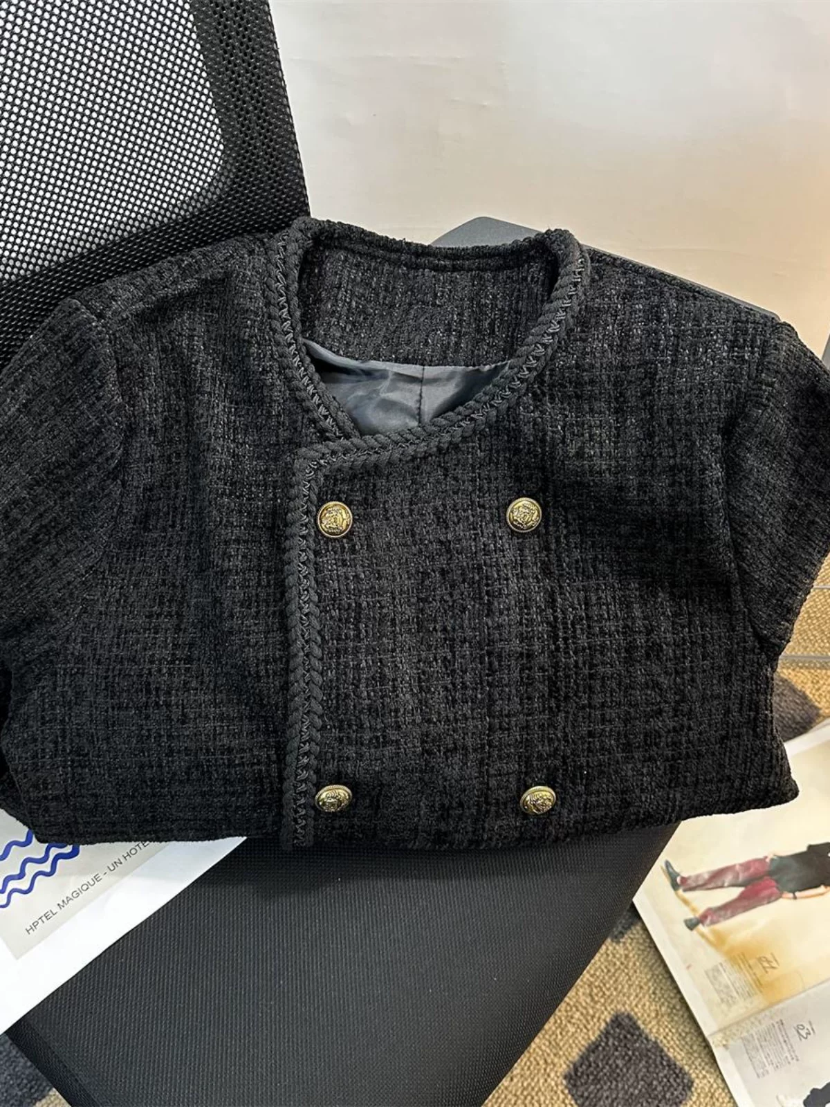 Áo khoác nam kiểu Chanel hai hàng khuy, blazer len ngắn cho mùa xuân thu, áo kiểu Mỹ thời thượng.