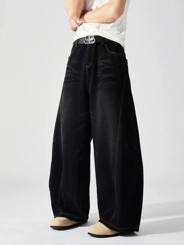 Quần jeans nam phong cách retro Mỹ cho mùa xuân hè, thương hiệu thời thượng, giặt mài và tạo hiệu ứng cũ kỹ, dáng rộng ống loe nhẹ, dài chạm đất.