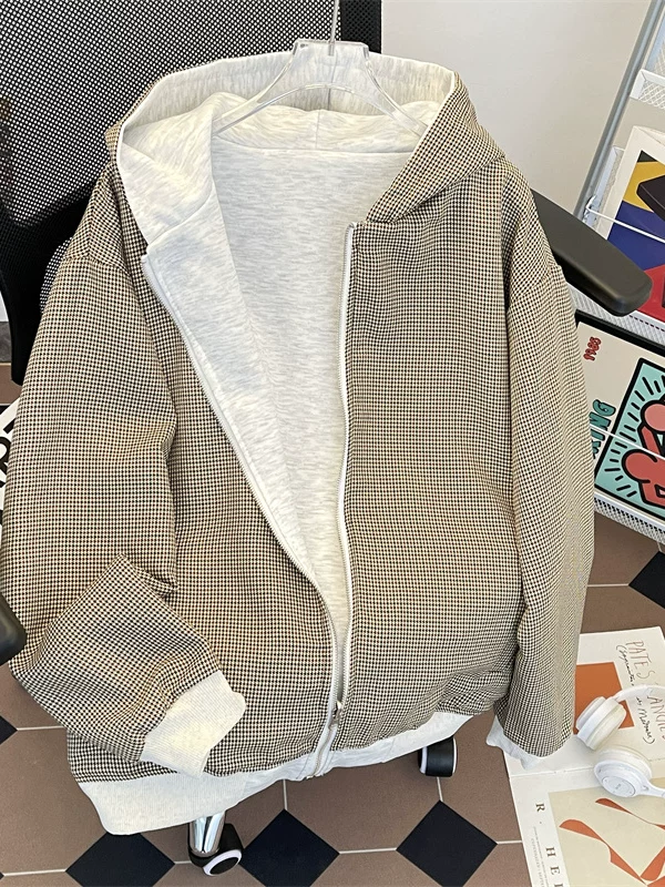 Áo len cardigan có thể đảo ngược dành cho nam, phong cách xuân thu, họa tiết răng cưa kiểu Mỹ cổ điển, quần áo có mũ trùm đầu rộng rãi hợp thời trang dành cho cặp đôi.