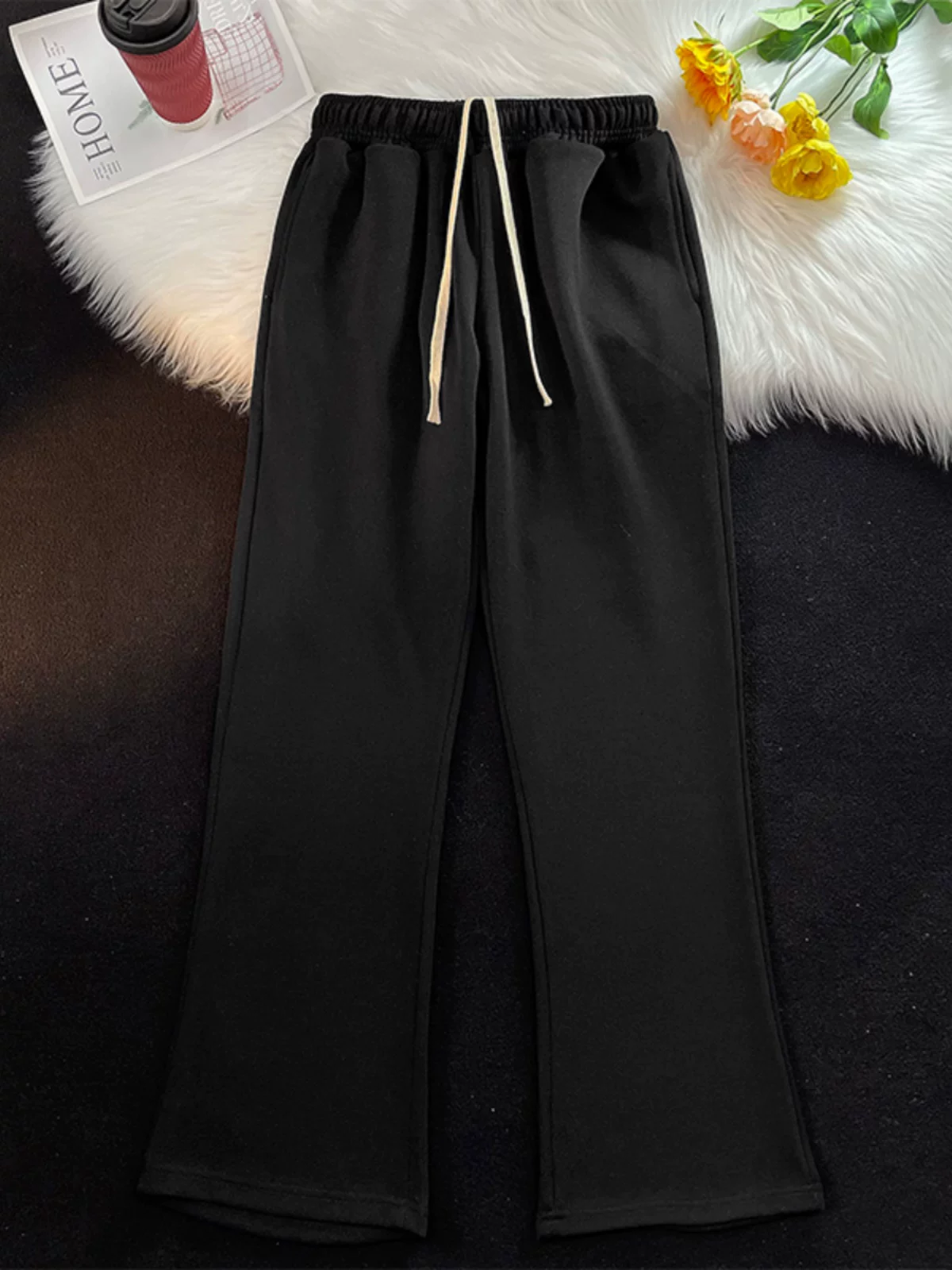 Quần thể thao cotton nguyên chất dành cho nam và nữ, phong cách xuân thu, phong cách Mỹ thời thượng, dáng rộng, quần hơi loe, quần thể thao đa năng, phong cách thường ngày.