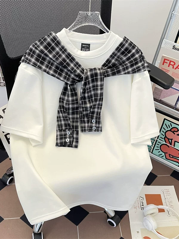 Áo thun ngắn tay giả hai mảnh kẻ sọc dành cho nam, áo thun ngắn tay dáng rộng thiết kế cleanfit hợp thời trang mùa hè.