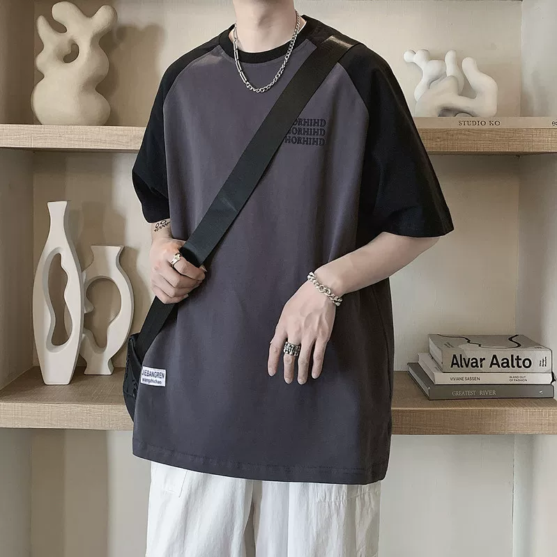 Áo thun ngắn tay kiểu raglan phong cách retro của Mỹ dành cho nam, áo thun nửa tay dáng rộng hợp thời trang mùa hè, áo thun đa năng dành cho cặp đôi sinh viên.