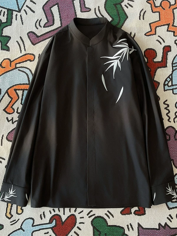 Áo sơ mi thêu tre phong cách Trung Quốc dành cho nam, áo sơ mi cổ đứng dài tay phong cách Trung Quốc mới, quần áo cặp đôi hợp thời trang mùa xuân thu.