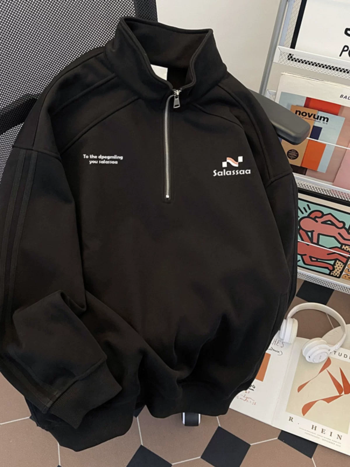 Áo nỉ dày dặn dành cho nam, mùa thu đông, dáng rộng, cổ đứng, áo khoác nửa khóa kéo, chất liệu nặng, phong cách Mỹ, thương hiệu thời trang, áo khoác đôi.