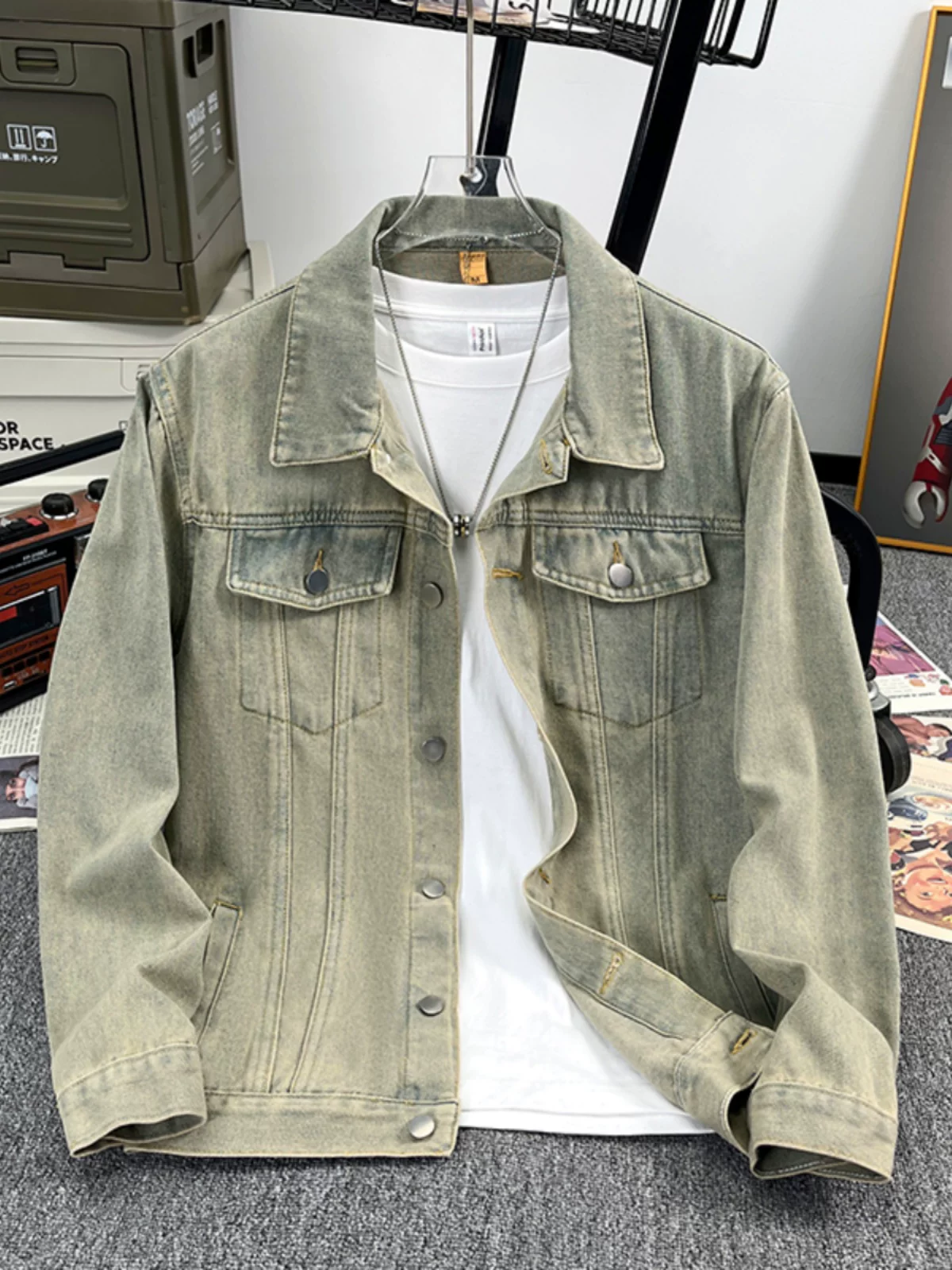 Áo khoác denim kiểu Mỹ dành cho nam, áo khoác kiểu workwear rộng rãi, hợp thời trang, áo khoác cặp đôi đa năng mùa xuân hè.