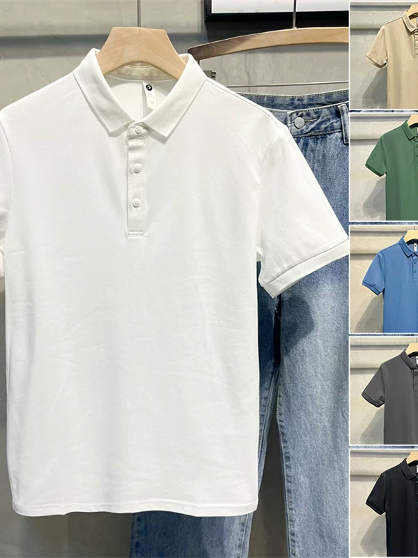 Áo polo ngắn tay bằng vải lụa băng dành cho nam, áo thun có cổ màu trơn mùa hè, hợp thời trang và đa năng, áo nửa tay rộng rãi dành cho thanh thiếu niên