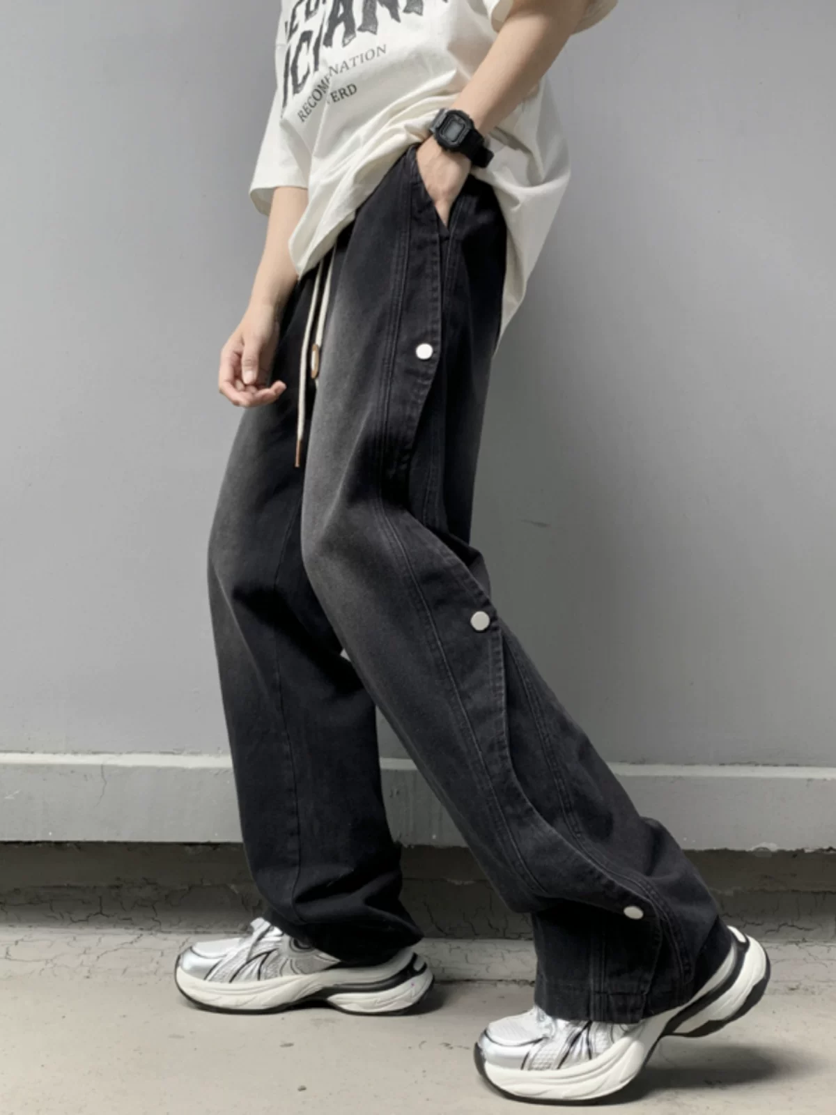 Quần jean nam phối vải chắp vá, quần phong cách hip-hop Mỹ mùa hè, thương hiệu thời thượng, quần ống rộng dài chạm đất, kiểu dáng thoải mái.