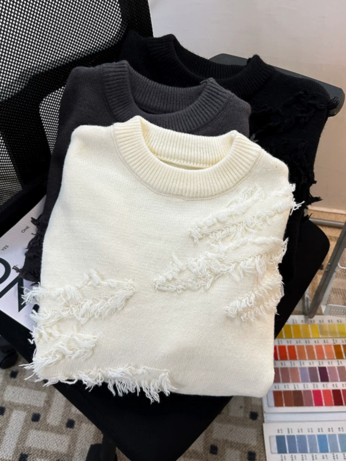 Áo len tua rua phong cách Nhật Bản dành cho nam và nữ, áo len cổ tròn dáng rộng, áo khoác phong cách lười biếng hợp thời trang thu đông.