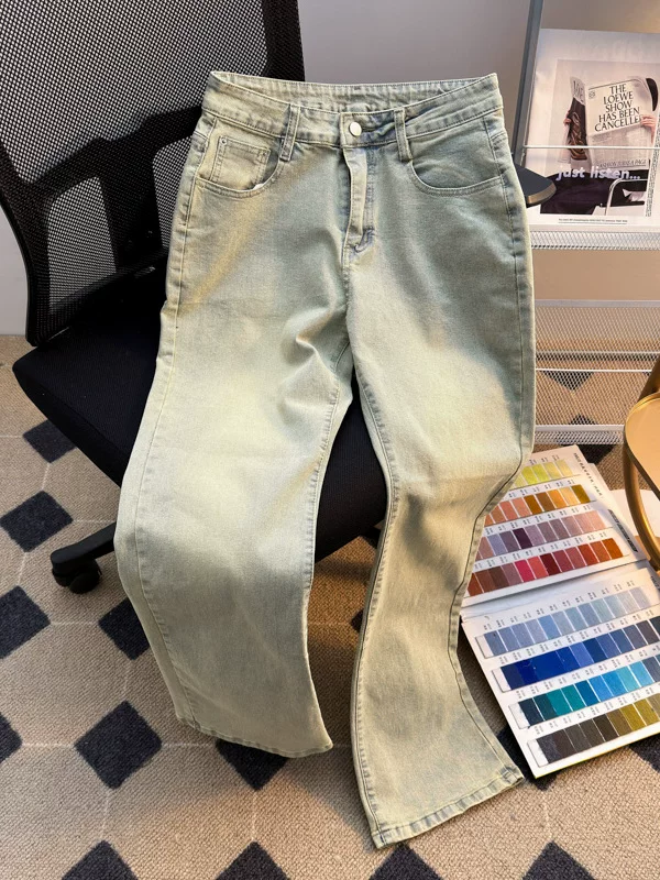 Quần jeans màu xám khói đã qua xử lý giặt mềm dành cho nam, phong cách Mỹ, thương hiệu thời thượng, quần ống rộng dáng thẳng, quần ống loe rộng thoải mái, cá tính.