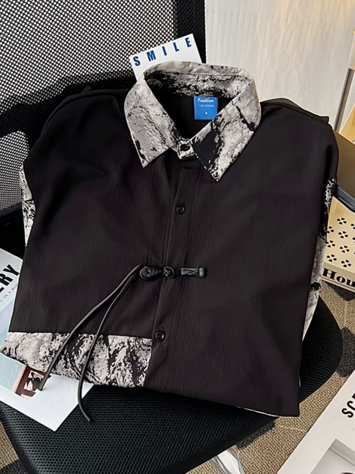 Áo sơ mi nam phối màu nhuộm chàm, kiểu Trung Quốc mới, tay ngắn, mùa hè, dáng rộng, thời trang cao cấp.