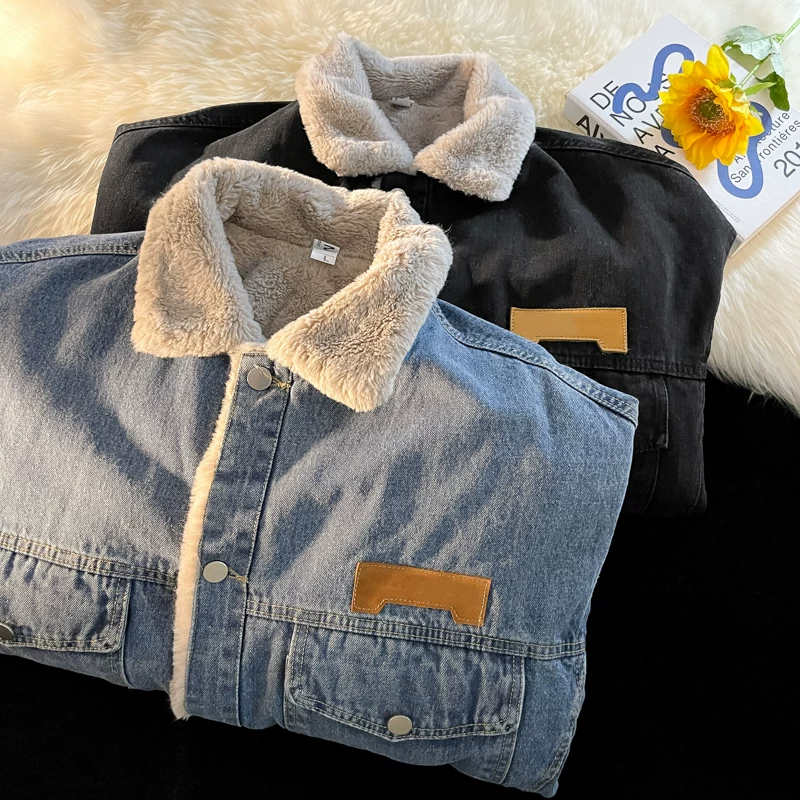 Áo khoác denim len cừu nam, dáng rộng mùa đông, lót lông cừu, áo khoác cotton dày, phong cách Nhật Bản, đã qua xử lý giặt, thương hiệu thời thượng, áo khoác cotton cặp đôi phong cách ins.
