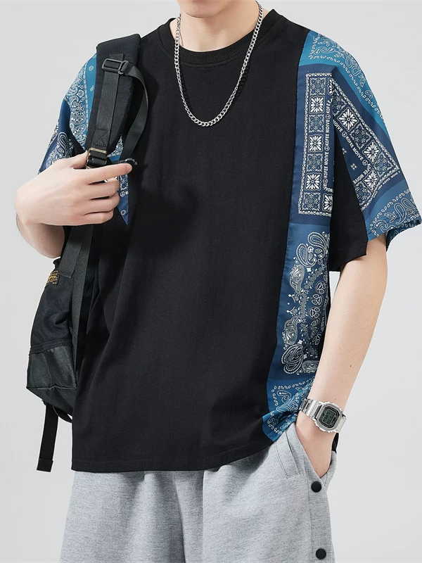 Áo thun nam tay ngắn phong cách dân tộc, kiểu dáng rộng rãi thời trang, phối họa tiết, chất liệu cotton nguyên chất, đa năng, mặc hè.