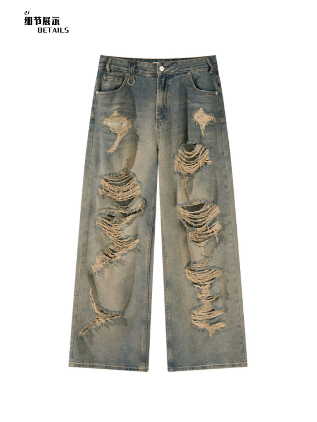 Quần jeans rách phong cách hip-hop dành cho nam, kiểu Mỹ thời thượng, quần phong cách wasteland, quần ống rộng dài chạm đất mùa hè.