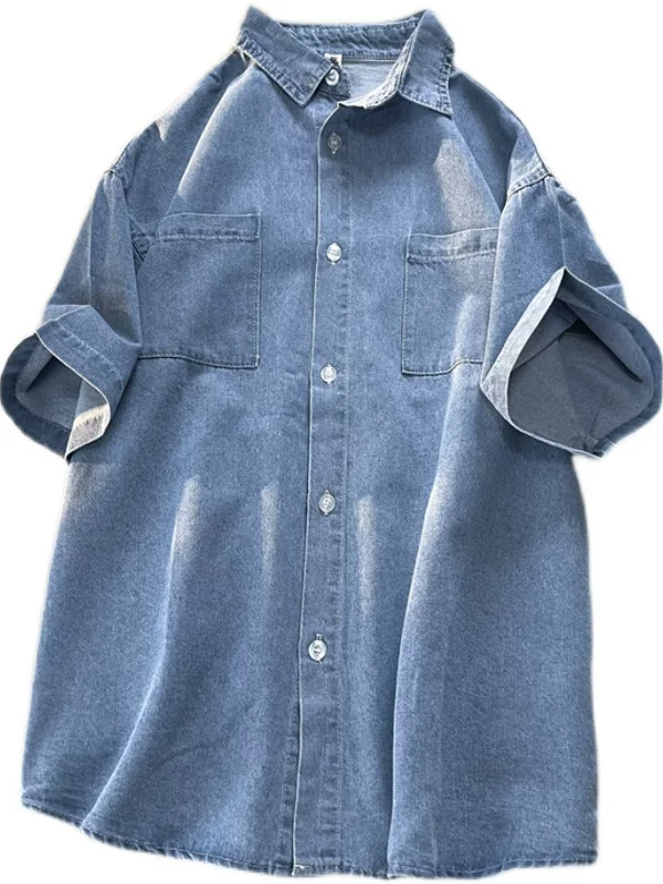 Áo sơ mi denim đã giặt nam tay ngắn phong cách Mỹ Nhật đa năng áo sơ mi thường ngày mùa hè dáng rộng hợp thời trang thương hiệu áo khoác cặp đôi
