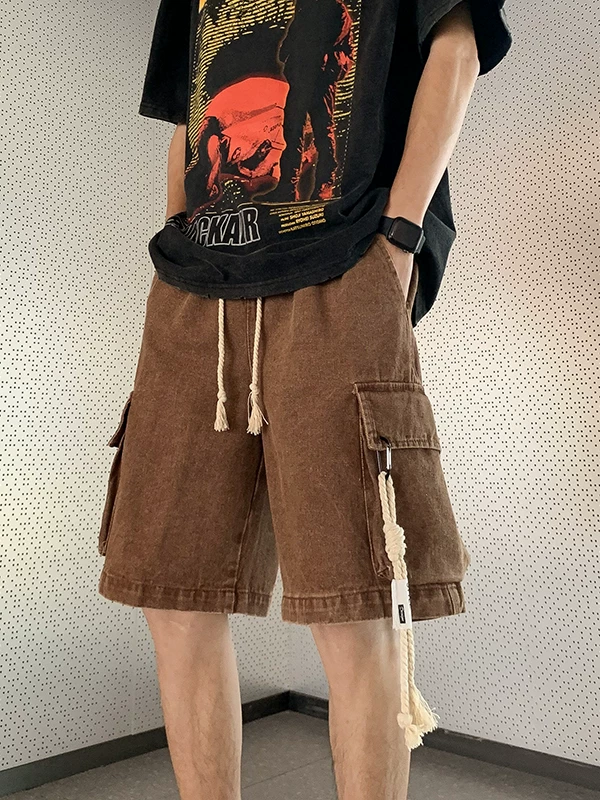 Quần short denim kiểu Mỹ dành cho nam, quần dài vừa phải ống đứng đa năng mùa hè, dáng rộng, quần short năm điểm phong cách retro hợp thời trang.