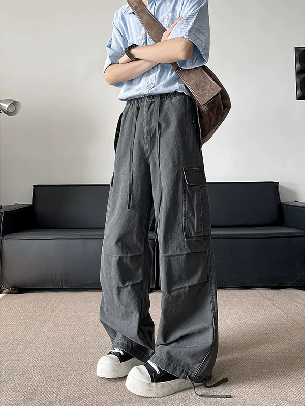Quần jean workwear kiểu Mỹ cổ điển dành cho nam, quần dù ống rộng thoải mái mùa hè, quần casual xếp ly đa năng thời thượng.