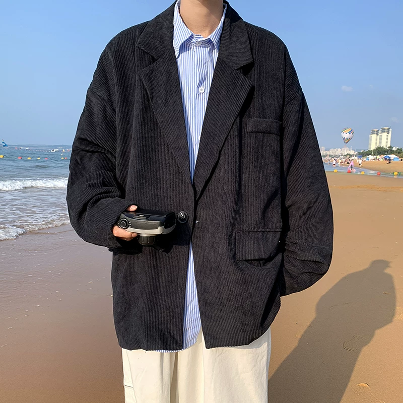 Bộ vest nam mùa xuân thu, áo khoác nhung kẻ retro phong cách BF thời thượng kiểu Hồng Kông, áo blazer dáng rộng phong cách Hàn Quốc cá tính.