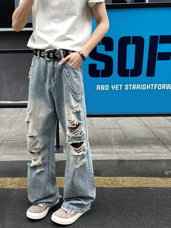 Quần jean rách thời thượng dành cho nam, kiểu dáng mỏng mùa hè, quần ống loe kiểu Mỹ, rộng rãi và thoáng mát, quần dài chạm đất.